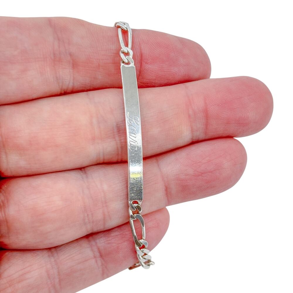 Vintage Italy Sterling Silver 925 Personalized Figaro Chain Bracelet 8"